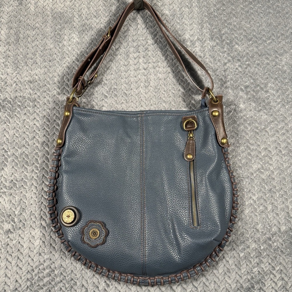 Chala Hobo Crossbody‎ Bag Dusty Blue Brown Whipstitch Vegan Leather Polka Dot